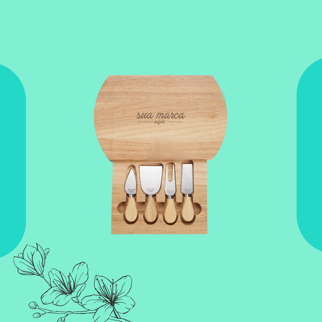 Kit Queijo 5 Peças com tábua de bambu com gaveta