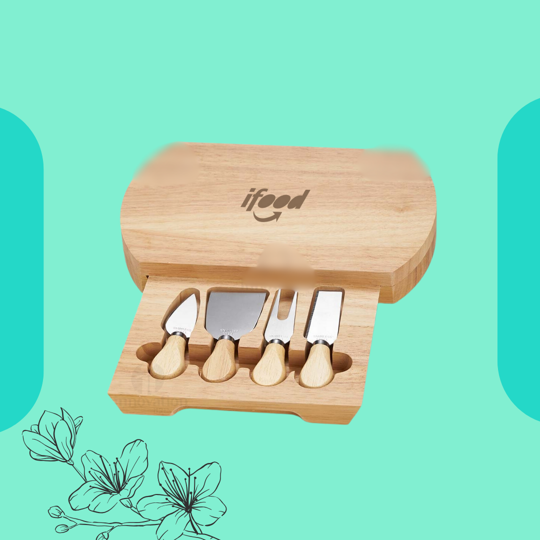 Kit Queijo 5 Peças com tábua de bambu com gaveta