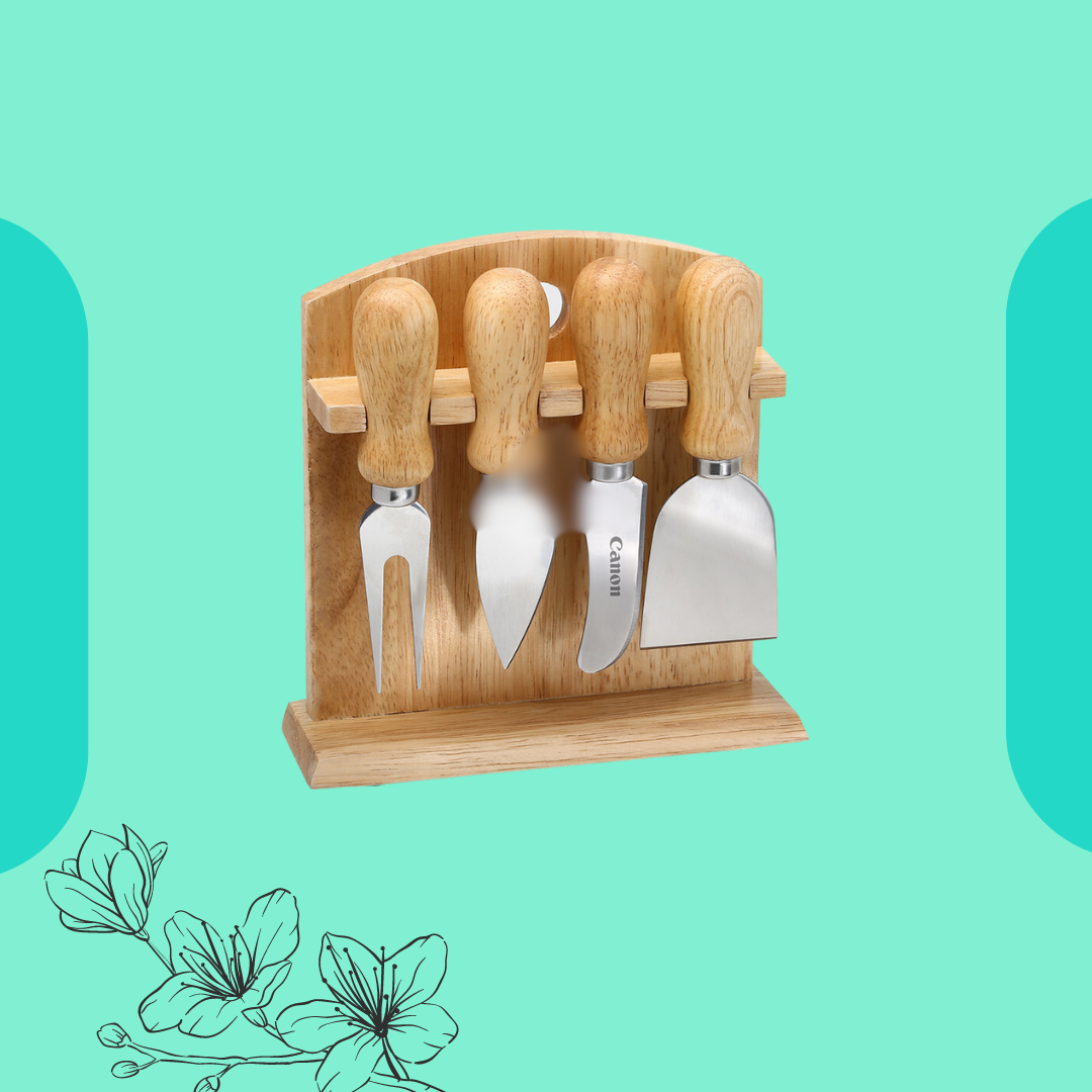 Kit queijo 4 peças com suporte de madeira