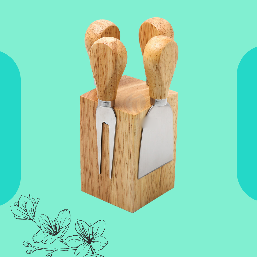 Kit queijo 4 peças com suporte de madeira