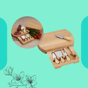 Kit Queijo 5 Peças com tábua de bambu com gaveta