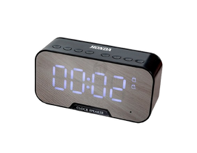 Caixa de Som com relógio despertador e suporte para celular.