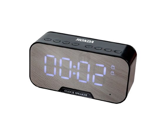 Caixa de Som com relógio despertador e suporte para celular.